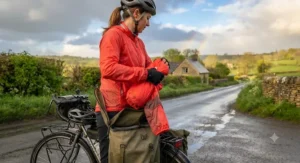 A touring cyclist packing her stowable womens cycling rain jacket into a pannier bag as the weather clears up in the countryside.