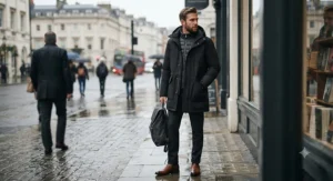 A man in a stylish black mens 3 in 1 parka jacket suitable for both urban commutes and outdoor activities.