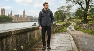 A man wearing a stylish, technical softshell jacket suitable for both urban commutes and rural walking.