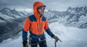 A technical mens hardshell jacket designed for winter mountaineering and severe weather