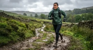 Trail runner tackling a muddy British countryside path wearing a durable running rain jacket