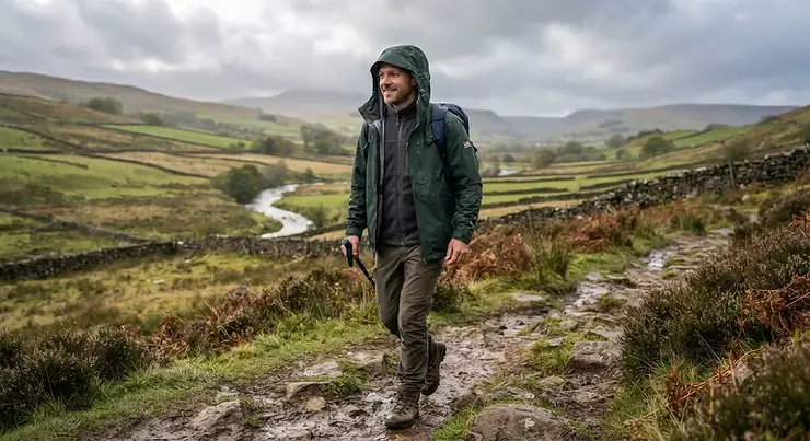 Man wearing a versatile 3-in-1 travel jacket while hiking in the British countryside.