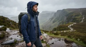 Side profile of a mens 3 in 1 jacket showing the adjustable hood and taped seams for heavy rain protection.