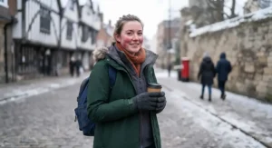 Person wearing a warm 3-in-1 winter travel jacket during a cold day in the UK.