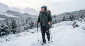 Person wearing a warm, insulated 3-in-1 jacket in snowy conditions during a winter trip