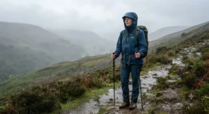 A hiker wearing a waterproof hardshell jacket during a rainy day in the British hills