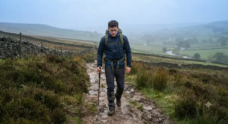 A hiker wearing a lightweight mens packable rain jacket while walking along a muddy trail in the UK countryside.