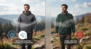 Diagram demonstrating how softshell jackets provide wind and shower resistance while fleece jackets focus on thermal warmth.