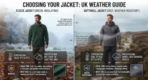 An infographic showing appropriate weather conditions for wearing either a fleece or a softshell jacket in the UK.