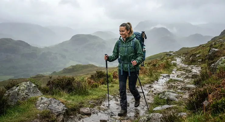 A woman wearing a lightweight packable rain jacket while hiking on a misty trail in the Lake District.
