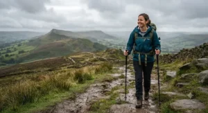 Woman wearing a stylish and practical best walking jacket, a breathable waterproof shell, out for a weekend walk in the Peak District.