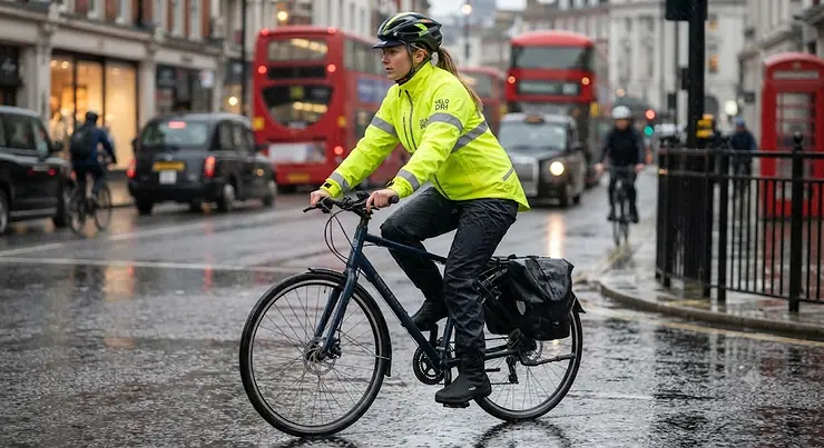 A female cyclist wearing a high-visibility waterproof womens cycling rain jacket while cycling through a rainy London street during her morning commute.