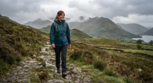 A hiker wearing a hooded women's packable rain jacket on a trail in the Lake District