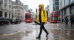 A vibrant yellow women's packable rain jacket worn on a grey, rainy day in London