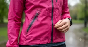 Close-up showing secure zipped pockets on a vibrant womens running rain jacket