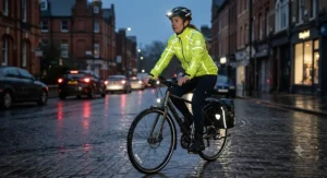 Woman wearing a womens hi-vis cycling rain jacket with reflective detailing for dark winter commutes