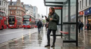 Stylish woman in a waterproof packable rain jacket waiting at a bus stop in the city