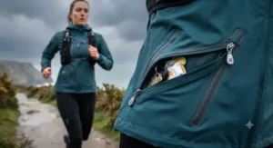 Secure zippered pockets on a stylish womens running rain jacket for storing running essentials during wet runs