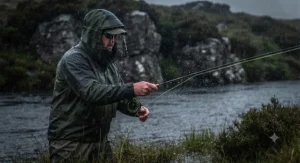 A fisherman casting a line during a heavy downpour while wearing a high-performance mens fishing rain jacket