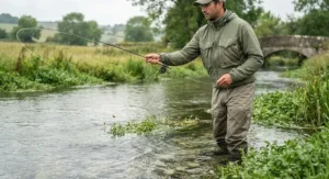 A lightweight, breathable best fishing jacket designed for warm-weather fly fishing on an English chalk stream.