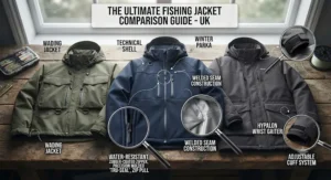 A side-by-side display of various styles of the best fishing jacket highlighting zip seals and taped seams.