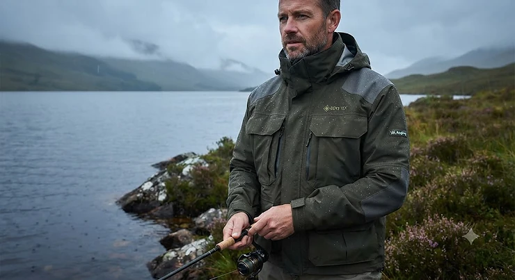 An angler wearing a high-performance waterproof Gore-Tex best fishing jacket while standing by a misty Scottish loch.