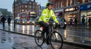Cyclist wearing a high-visibility best waterproof coat for commuting through city rain