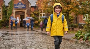 Child wearing a bright yellow hooded anorak as the best waterproof coat for school