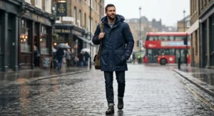 Man wearing a stylish long parka as the best waterproof coat for winter in the UK