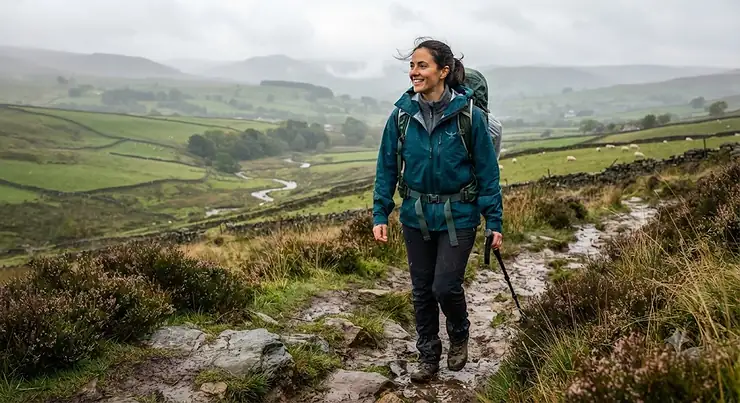 Woman wearing the best waterproof coat for hiking in the British countryside
