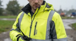 Close up of a breathable hi-vis waterproof jacket suitable for wet weather work in the UK.