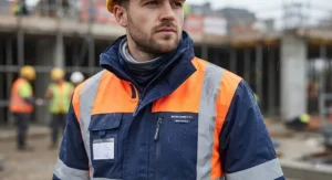 Close-up of a breathable work waterproof jacket designed for construction sites in British weather.