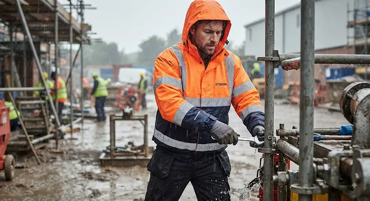 Man wearing a durable, high-visibility work waterproof jacket while working outdoors in heavy rain.