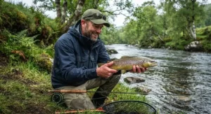 A happy angler holding a trout on a riverbank wearing a dark blue mens fishing rain jacket