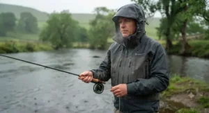 Angler staying dry in heavy rain wearing a high-performance breathable fishing jacket