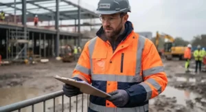 An insulated hi-vis waterproof jacket designed for cold and rainy UK winter conditions.