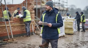 An insulated, waterproof padded work jacket designed to keep tradespeople warm and dry throughout cold UK winter days.