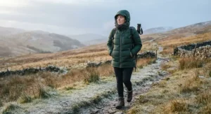 Hiker wearing a warm insulated womens winter hiking coat during a chilly morning walk up a hill