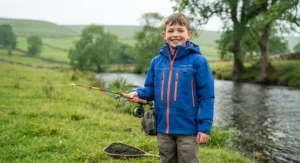 Junior angler wearing a comfortable and protective kids breathable fishing jacket