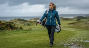 Woman wearing a lightweight breathable golf rain jacket during a drizzle