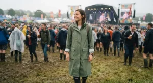 Person wearing a lightweight long waterproof coat at an outdoor British music festival