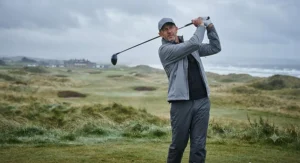 Golfer swinging a club while wearing a lightweight grey mens golf waterproof jacket designed for windy links courses