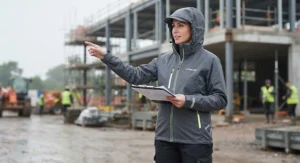 A versatile, lightweight work waterproof jacket with an adjustable hood, suitable for site visits.