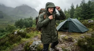 Man adjusting the storm peak hood on a durable long waterproof coat during a camping trip.
