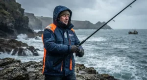 A durable, thermal-lined best fishing jacket suitable for cold-weather sea angling off a rugged British coastline.