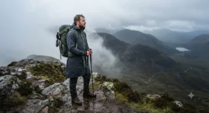 Hiker wearing a lightweight long waterproof coat for men, standing on a misty peak in the Scottish Highlands.