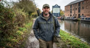 An angler walking along a British canal towpath wearing a stylish mens fishing rain jacket