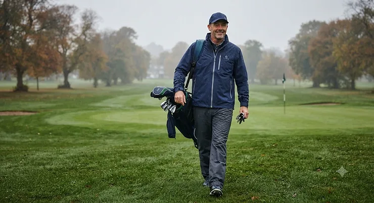 Man wearing a navy blue mens golf waterproof jacket on the fairway during a drizzly British autumn round
