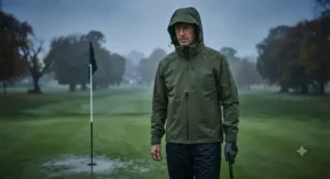 Olive green mens golf waterproof jacket featuring an adjustable storm hood for heavy rain showers