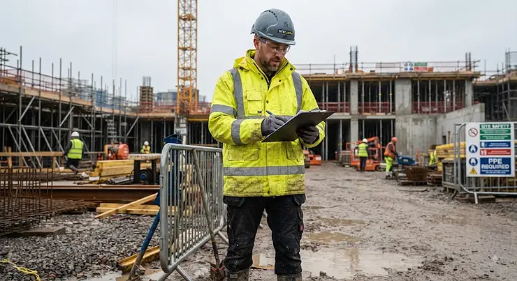 A man wearing a yellow hi-vis waterproof jacket while working on a UK construction site.